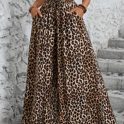 TEMU Women's Retro Leopard Print Wide-leg Pants - High-waisted Elastic Waistband, 100% Polyester Machine-washable Trousers For Casual & Formal Wear, Fashion, Elegant Style, Smooth Texture Image