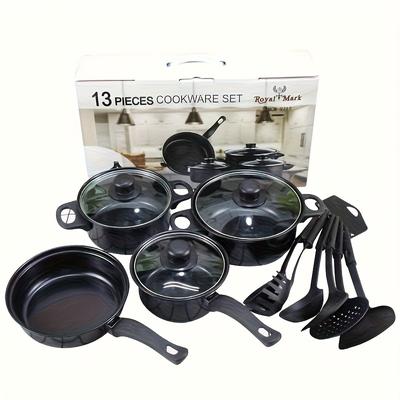TEMU 13pcs Iron Pot Set, 4 Pots, 3 Lids, 6 Spatulas Coating, Multi-piece Set, With Lids, For All Types Of Stoves, Suitable For Home, Camping, Picnic, Rv, Indoor And Outdoor Decoration, Without Battery Image