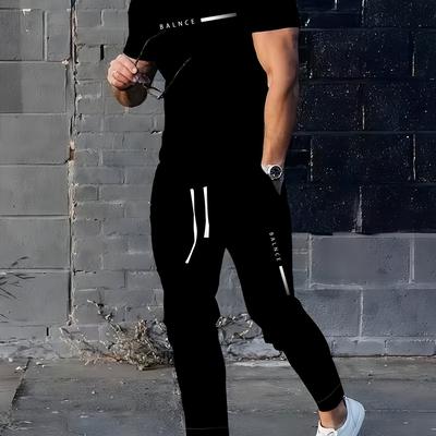 TEMU Men's Polyester Sports Suit | Elegant Casual Round Neck | Slightly Elastic Knit With 3d Print | Regular Fit Two-piece Set | Patterned Short Sleeve T-shirt And Pant Image