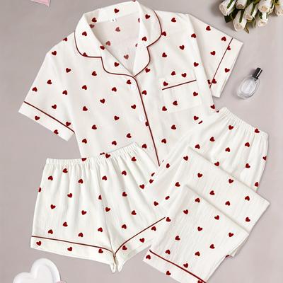 TEMU Bubble Pleated Open Front Collar Pastoral Style Heart Print Women's Pajama Set Three-piece Image