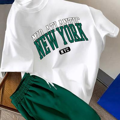 TEMU Men's Nyc Graphic T-shirt & Shorts Set - Casual Summer Outfit With Nyc Letter Print, White Crew Neck Tee & Green Drawstring Shorts, Casual Attire, Urban Streetwear||comfortable Fi Image