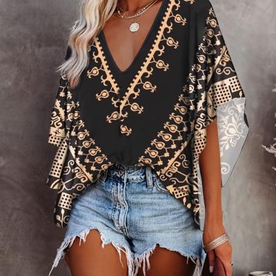 TEMU Women's Vintage Ethnic Tribal Print V-neck Blouse With Batwing Sleeves - Loose Fit, Asymmetrical Hem, Black & , Spring/summer/fall, Casual Wear|vintage Ethnic Style|asymmetrical Image