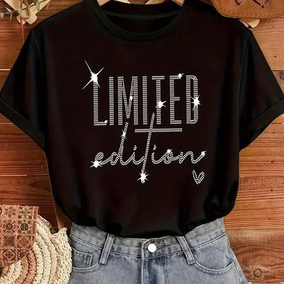 TEMU 1pc Women's Edition Glitter Letter T-shirt - Soft Round Neck Short Sleeve Top, Machine Washable , Gift For Women, Casual Wear, Star Embellished Shirt, Durable Tshirt Image
