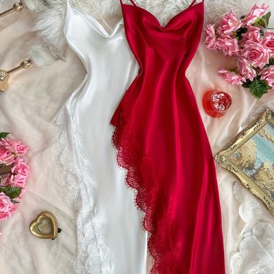 TEMU 2pcs Lace-trimmed Sexy Comfortable Extra-long Slip Dresses For Women, Solid Color, Sleepwear, Adult, Non-sheer, Polyester, 95g/m², With Matching Nightgown, Adult Sleepwear|crueltyfree|polyester Image