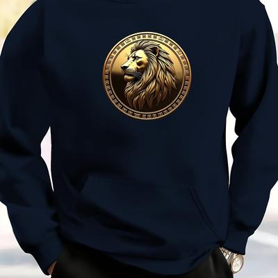 TEMU 1pc Men's Casual Long Sleeve Pullover Sweatshirt With Lion Coin Print, Polyester Knit Fabric, Round Neck, Loose Fit, With Pocket Detail Image
