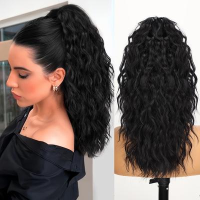 TEMU Claw Long Wavy Ponytail Extension - Natural Curly Wave Synthetic Hairpiece For Women, Fluffy & Look, -in Daily Use, Black/brown, Ponytail Hair Extensions, Versatile Hairpiece, Fluffy Texture Image