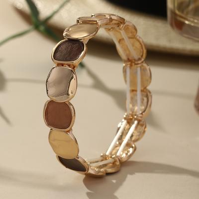 TEMU 1pc Elegant Vintage-style Kc Golden Plated Alloy Elastic Bracelet With Unique Irregular Square Design – Rose Golden Finish, Multi-colored Stones, Unisex Jewelry For Casual Attire Or Gifting Image
