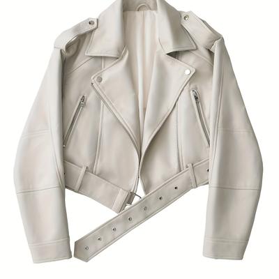 TEMU 2025 Short Casual Solid Color Jacket With Belt, Spring/fall Collection, Long Sleeve, Zipper , Polyester Composition, 360g/m² Fabric Weight Image