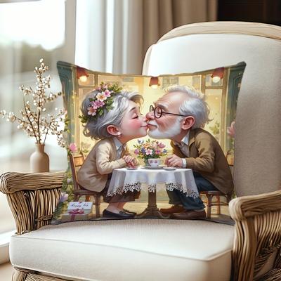 TEMU 1pc Romantic Elderly Couple Printed Pillow Cover, 18x18 Inch, Short Plush Polyester Decorative Cushion Case For Home, Office, Sofa, Bed, Car - Machine Washable, Single-sided Print, No Insert Image