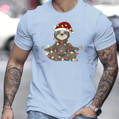 TEMU Christmas Meditating Sloth With String Lights Print T-shirt, Casual Crew Neck Short Sleeve Top, Polyester Knit Fabric, Regular Fit, Stretch - Men's Holiday Graphic Tee Image
