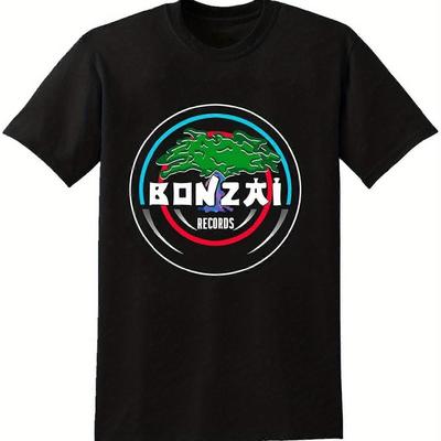 TEMU Bonzai Records Techno Hardcore Graphic T-shirt - 100% Cotton Unisex Casual Tee With Vibrant Color , Regular Fit Short Sleeve, Machine Washable, Sizes S-3xl Image