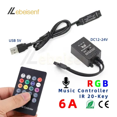 IR RGB Music Controller 6A 12-24V DC USB 5V Microphone LED Dimmer and 20-Key infrared Remote for
