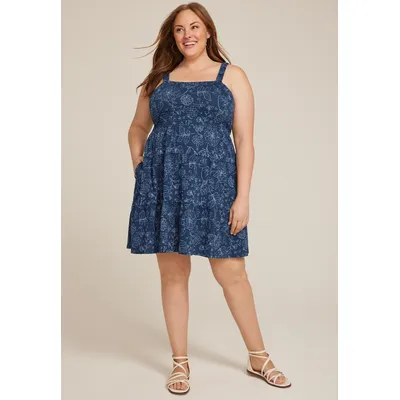 Maurices Plus Size Women's Bare Floral Smocked Bodice Tiered Mini Dress Blue Size 1X