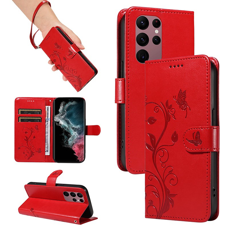 Phone Case For Samsung Galaxy S25 S24 S23 S23 FE S22 S21 Ultra Plus A34 A54 A73 A53 Wallet Case Embossed Full Body Protective with Wrist Strap Tree Butterfly TPU PU Leather