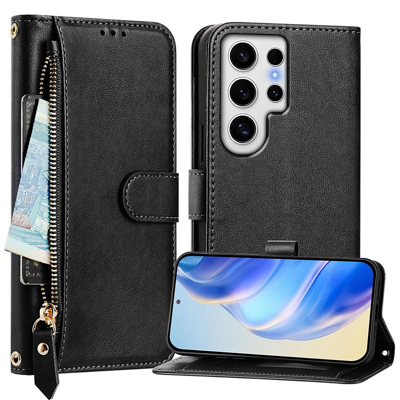 Phone Case For Samsung Galaxy S25 S24 S24 FE S23 S22 S21 Ultra Plus A55 5G A35 5G A25 A15 Wallet Case with Stand Holder Zipper Full Body Protective Retro TPU PU Leather
