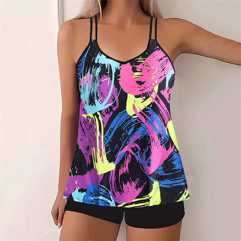 Women's Tankini Two Piece Swimsuit Racerback Swimwear Swimwear Blue Yellow Quick Dry Lightweight Breathable Sleeveless - Surfing Beach Swimming Summer Spring