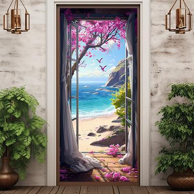 Window View Beach Door Covers Mural Decor Door Tapestry Door Curtain Decoration Backdrop Door Banner Removable for Front Door Indoor Outdoor Home Room Decoration Farmhouse Decor Supplies