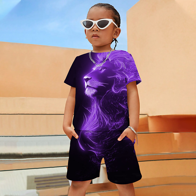 Boys 3D Graphic Animal Lion T-shirt Shorts T-shirtSet Clothing Set Short Sleeve 3D prints Summer Spring Active Sports Fashion Polyester Kids 4-12 Years Outdoor Street Vacation Regular Fit