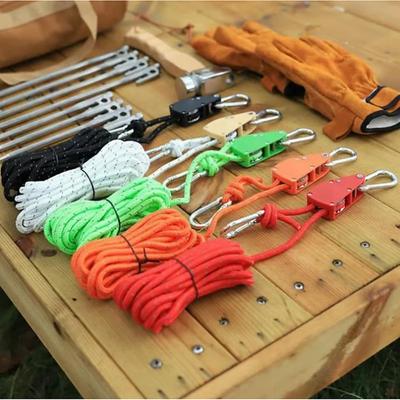 5m Outdoor Windproof Rope, Heavy-Duty Camping Rope with Pulley System, Reflective Nylon Cord with Adjustable Buckle 2 Stainless Steel Carabiners for Hiking, Tent Setup, Gear Securing