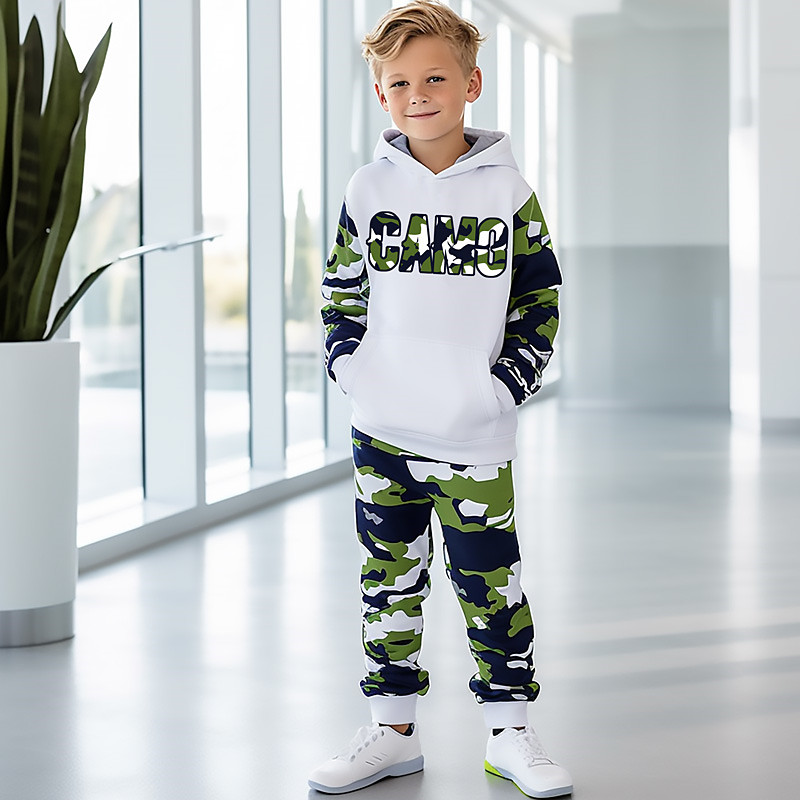 Boys 3D Graphic Camouflage Letter Hoodie Sweatpants Set HoodieSet Clothing Set Long Sleeve 3D Printing Summer Fall Active Fashion Cool Kids 3-12 Years Outdoor Vacation Street Regular Fit