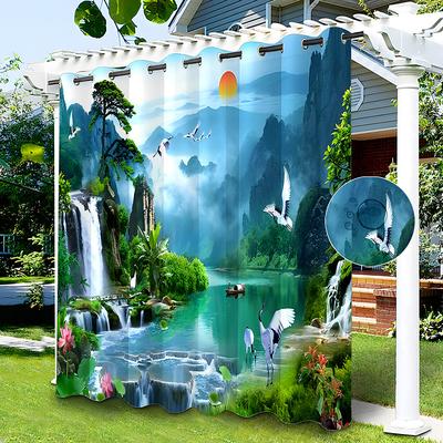 Waterproof Outdoor Curtain Privacy, Sliding Patio Curtain Drapes, Pergola Curtains Grommet 3D Chinese Painting for Gazebo, Balcony, Porch, Party, 1 Panel