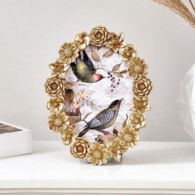 Gold 3D Floral Decorative Photo Frame, 5.7-Inch Oval Frame 4x6 Inch Rectangle Frame, Resin Tabletop Picture Frame, Horizontal and Vertical Display for Home Decor and Photography Props