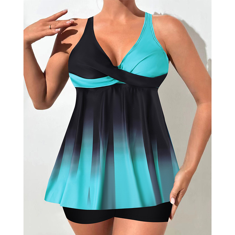 Women's Tankini Two Piece Swimsuit V Neck Swimwear Swimwear Black White Quick Dry Lightweight Breathable Sleeveless - Surfing Beach Swimming Summer Spring Plus Size