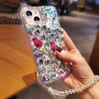 Luxury Rhinestone Floral Case with Beaded Lanyard for iPhone 16e 15 Pro Max Plus 14 13 12 11 Pro Max Mini X XR XS Max 8 7 6 SE – Bling Crystal Full Back Cover
