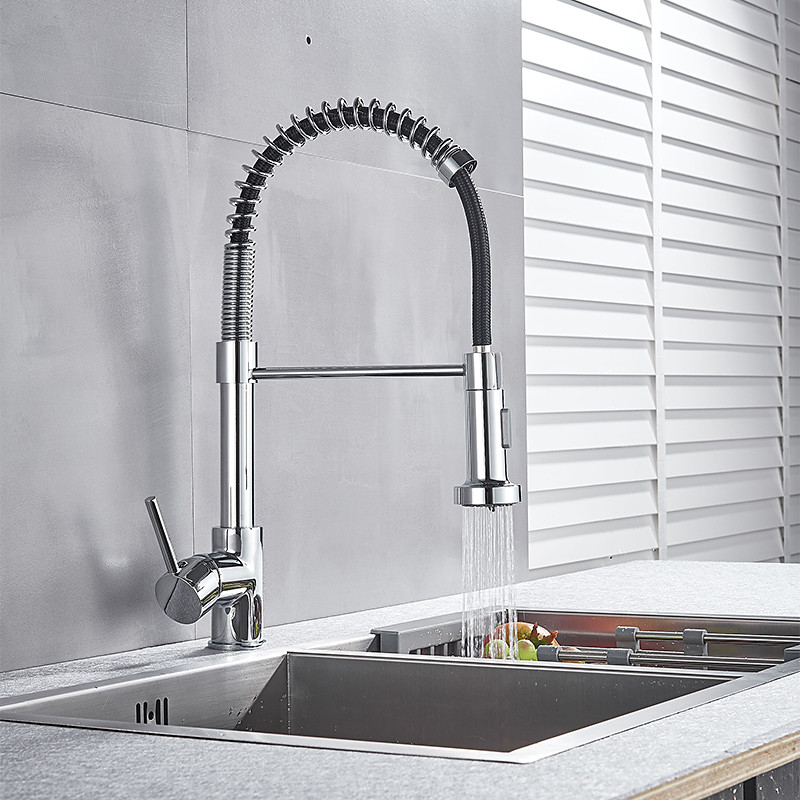 Kitchen Sink Mixer Faucet with Pull Down Sprayer, 360 swivel High Arc Single Handle Spring Kitchen Taps Deck Mounted, One Hole Brass Kitchen Sink Faucet Centerset Water Taps