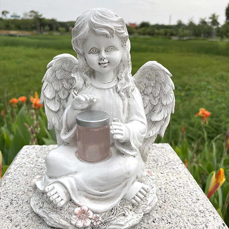 Garden Angel Statyes, Angel Fairy Statuette with Solar Light, Garden Resin Angel Figurines Ornament Angel Decoration for Lawn Cemetery Memorial Gifts, Guardian Angel Garden Statuette-Girl