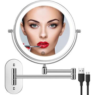 Rechargeable Wall Mounted illuminated Makeup Mirror Light 8-inch Double-sided 10x Magnifying Bathroom Mirror 3-color Lighting Touch Screen Dimming Extended Arm 360 Degree Rotating Shaving Luminous Mirror
