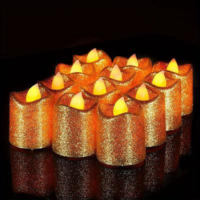12pcs Flickering Flameless Candles Light Shiny Glitter Votive Candles LED Tea Lights Decoration for Christmas/Halloween Holidays Wedding Outdoor Table Party Festival