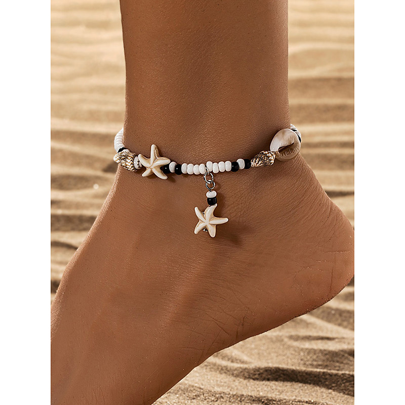 Boho Starfish Anklet for Women – Handmade Beaded Shell Ankle Bracelet with Turquoise Charms, Summer Beach Jewelry for Vacation and Casual Outfits