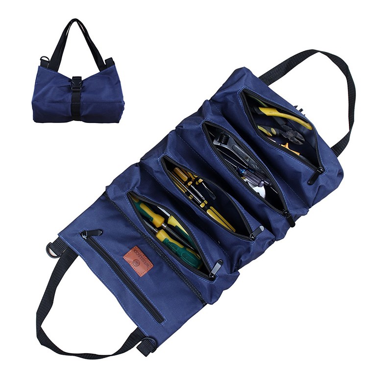 NEW Multi-Purpose Roll Up Tool Bag Hanging Canvas Wrench Tool Bag Storage Bag with 5 Zipper Bags Tool Car Accessories