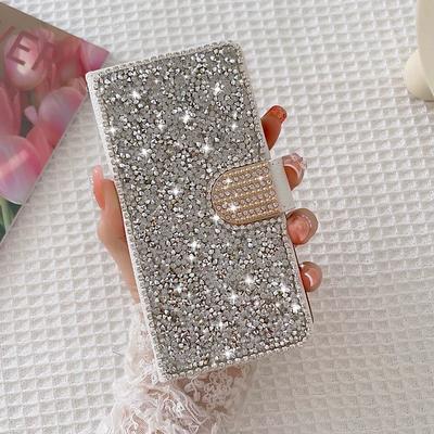 Phone Case For Samsung Galaxy S25 S24 S23 S22 S21 FE S21 Ultra Plus A55 5G A35 5G A25 A15 Wallet Case Bling Rhinestone with Phone Strap Glitter Shine Crystal Diamond PU Leather