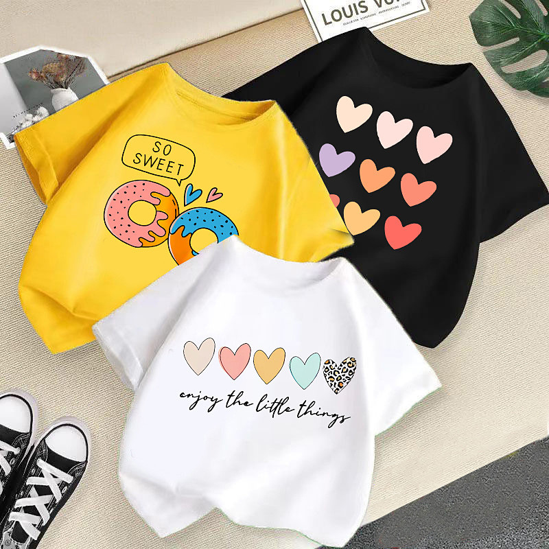 Multi Packs 3 Pairs Girls' Crew Neck Short Sleeves BlackWhiteYellow T Shirt Heart Vacation Daily Wear Cotton Spring Summer