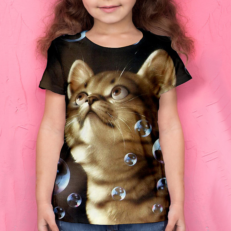 Girls' 3D Animal Cat T shirt Tee Short Sleeve 3D Print Summer Active Polyester Kids 4-12 Years School Daily Wear Regular Fit