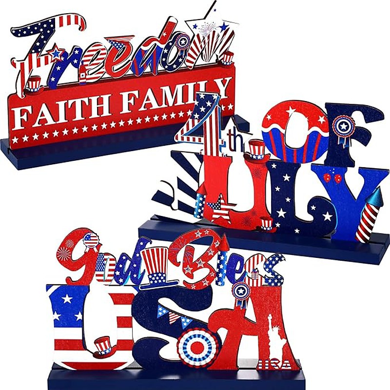 3 Pieces Patriotic Wooden Decorations 4th of July Independence Day Decorations Patriotic Table Decorations Wooden Table Centerpieces Decorations for American Memorial Day Veteran Day Party Decor