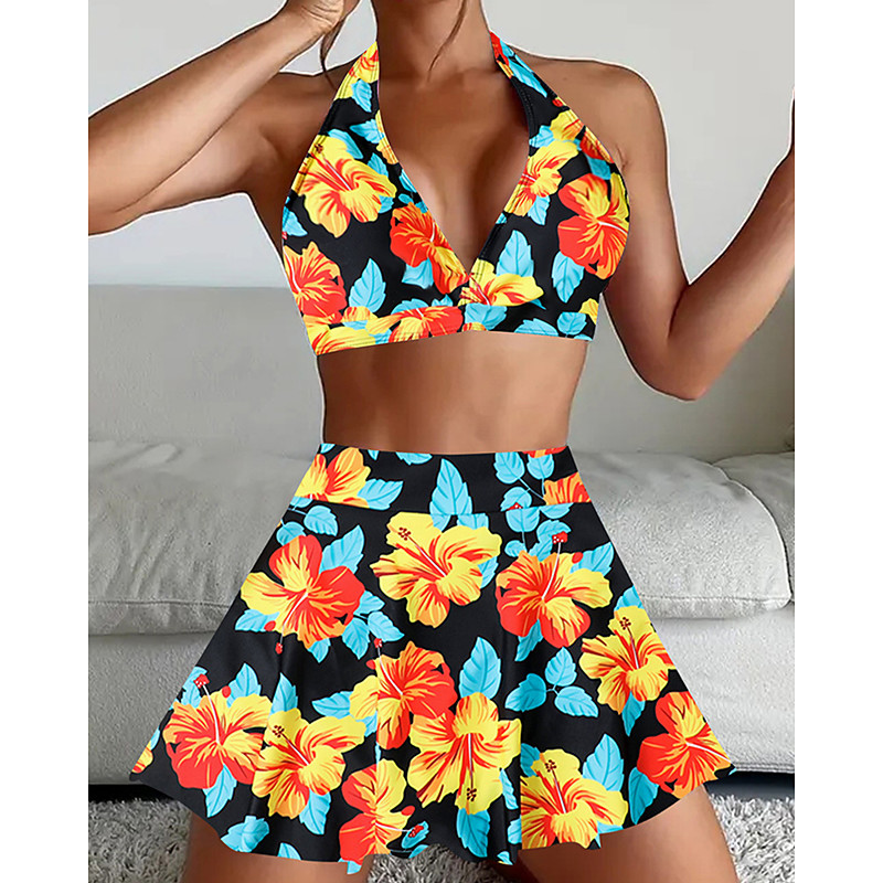Women's Tankini Two Piece Swimsuit Backless Swimwear Floral Swimwear Black Yellow Breathable Quick Dry Lightweight Sleeveless - Swimming Surfing Beach Summer Spring