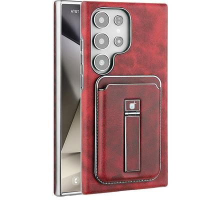 Phone Case For Apple AirTag S25 S24 Ultra Plus S23 Back Cover Magnetic Adsorption with Stand Holder Magnetic Support Wireless Charging Retro PC PU Leather