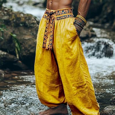 Men's Cotton Linen Pants Summer Pants Bloomers Baggy Pants Pocket Color Block Comfort Breathable Daily Holiday Retro Vintage Chinese Style Yellow