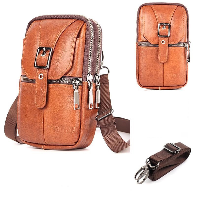 Men's Multi Functional Genuine Leather Shoulder Bag Cell Phone Crossbody Purse Phone Holster Case Leather Belt Waist Pouch Small Messenger Bag