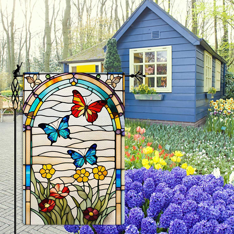 Flag 12 x 18 Inch Yard Flags, Stained Glass Hummingbirds Small Garden Flags for Outside, Outdoor Flags, Holiday Garden Flags