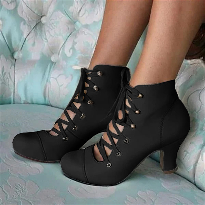 Women's Vintage Victorian Lace-Up Ankle Boots – Retro Style White Mid-Heel Boots for Cosplay Special Events