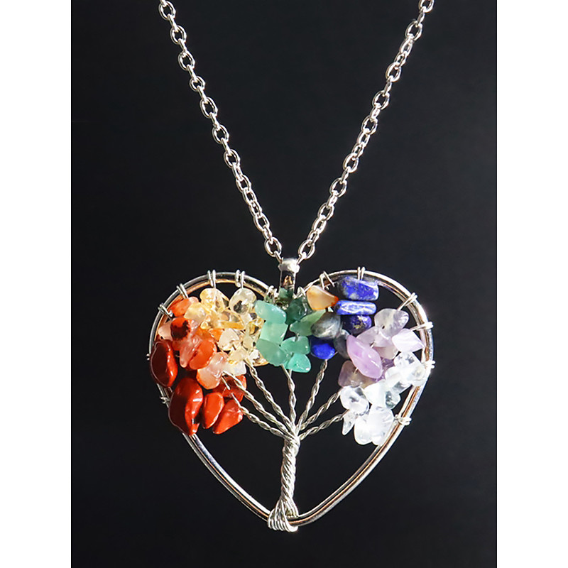 Handmade Tree of Life Pendant Necklace – Alloy Chain with Natural Gemstone Beads, Bohemian Energy Healing Jewelry for Women, Spiritual Gift for Yoga Meditation