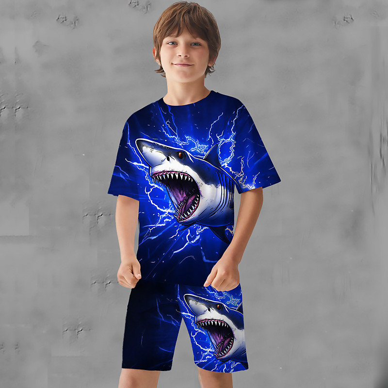 Boys 3D Graphic Animal Shark T-shirt Shorts T-shirtSet Clothing Set Short Sleeve 3D prints Summer Spring Active Sports Fashion Polyester Kids 3-13 Years Outdoor Street Vacation Regular Fit