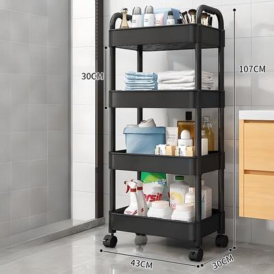 3/4 Tier Plastic Rolling Utility Cart with Handle, Multi-Functional Storage Trolley for Office, Living Room, Kitchen, Movable Storage Organizer with Wheels, White/Black