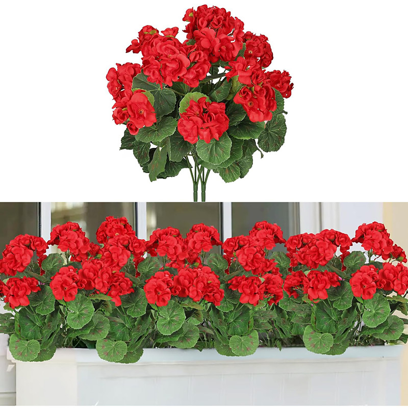 Artificial Red Geranium Silk Flowers Outdoor Plant Bush 2 Bundles Faux Flowers Geraniums for Outdoors Floral Home Decor Indoor Garden Patio Vase Grave Cemetary Table Centerpieces Decor