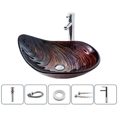 Bathroom Vessel Sink Rectangular 21x15, Sink Mixer Faucet and Drain Combo with Pop-up Drain, Boat Shape Color Tempered Glass Artistic Vanity Sink Bowl, Above Counter Washroom Sink Art Wash Basin