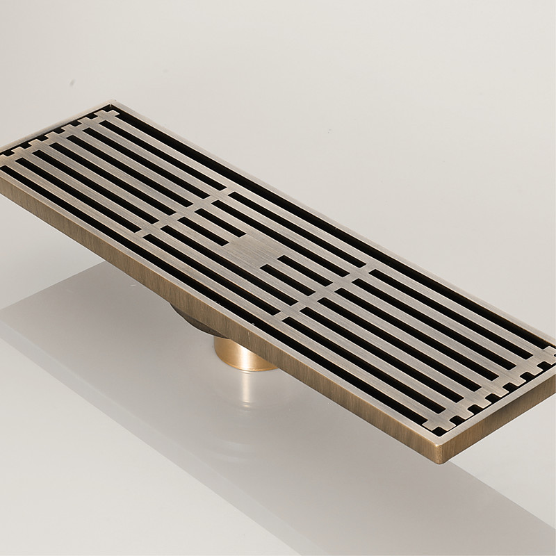 12 Inch Rectangular Linear Shower Drain Bath Floor with Brick Pattern Grate, Brushed Brass Bathroom Floor Drain, Shower Floor Drain Includes Hair Strainer